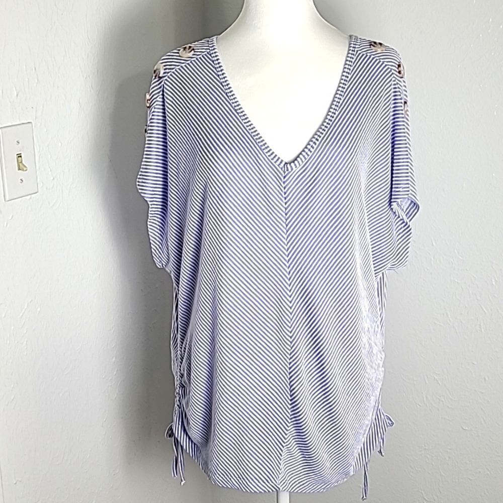French Laundry Blue & White Pinstripe Top Buttons on Shoulders & Ruching…